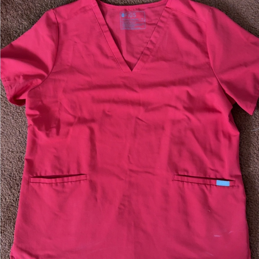 Figs Bright Red V-Neck Short Sleeve Top